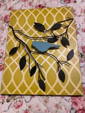 Blue Metal Bird Wall Art on Olive Lattice with Black Branch Accents